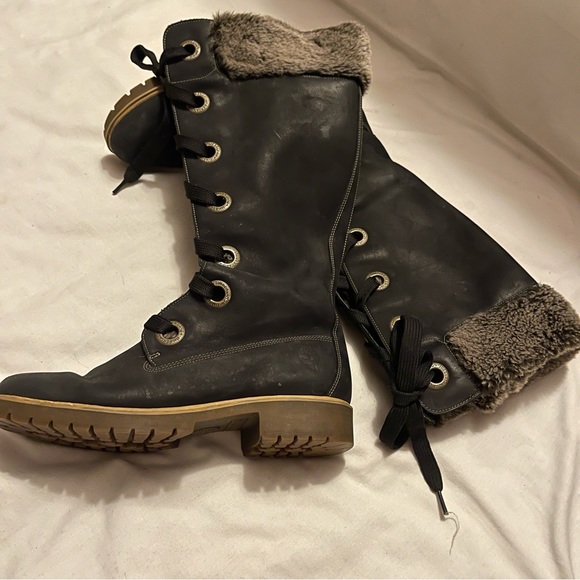 Timberland Mirney black leather faux fur thong and trim high boots - Picture 9 of 14